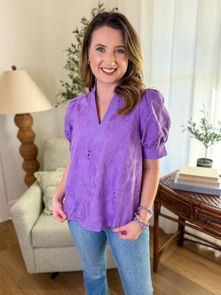 Lavender Everleaf Eyelet Short Sleeve V - Neck Top - Everyday EDEN Boutique & Gifts