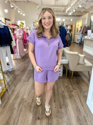 Lavender Polish & Poise Scuba Half Zip Short Sleeve Shorts Sets - Everyday EDEN Boutique & Gifts
