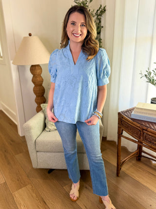Light Blue Everleaf Eyelet Short Sleeve V - Neck Top - Everyday EDEN Boutique & Gifts