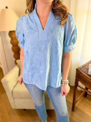 Light Blue Everleaf Eyelet Short Sleeve V - Neck Top - Everyday EDEN Boutique & Gifts