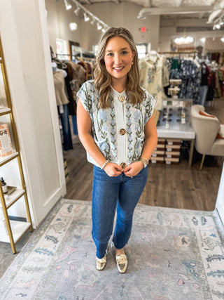 Light Blue Flowering Charm Gold Metal Button Sleeveless Sweater - Everyday EDEN Boutique & Gifts