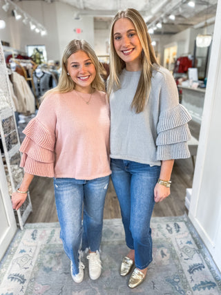 Light Grey Fuzzy Tiered Ruffle Sleeve Sweater - Everyday EDEN Boutique & Gifts