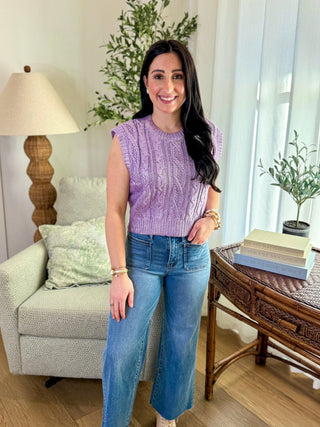 Lilac Shimmer Season Sleeveless Cable Knit Cropped Sweater - Everyday EDEN Boutique & Gifts