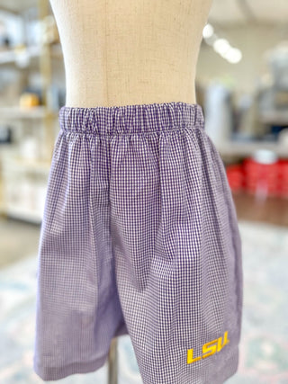 LSU Embroidered Gingham Pull On Shorts - Everyday EDEN Boutique & Gifts