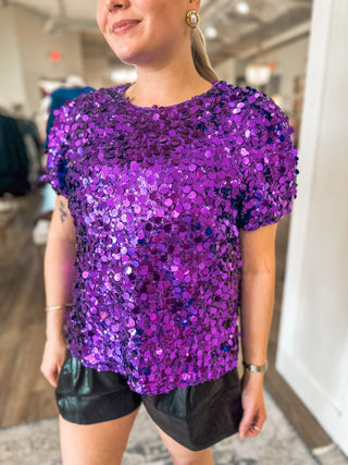 Mardi Gras Float Ready Sequin Embellished Short Puff Sleeve Top - Everyday EDEN Boutique & Gifts