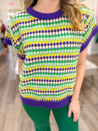 Mardi Gras Style Color Stripe Round Neck Sweater Top - Everyday EDEN Boutique & Gifts