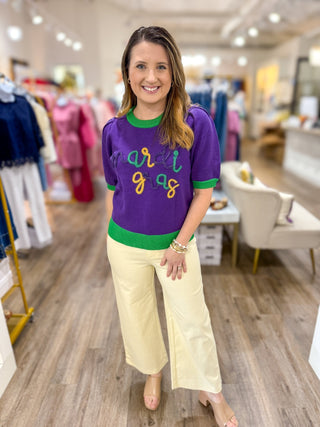 Mardi Gras Tinsel Short Sleeve Sweater - Everyday EDEN Boutique & Gifts