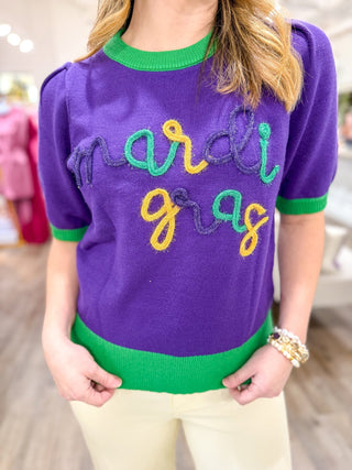 Mardi Gras Tinsel Short Sleeve Sweater - Everyday EDEN Boutique & Gifts