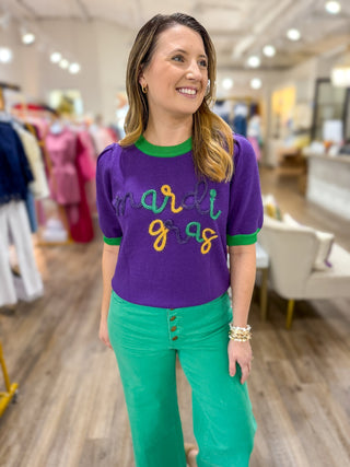 Mardi Gras Tinsel Short Sleeve Sweater - Everyday EDEN Boutique & Gifts