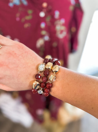 Maroon, Cream & Crystal Set of 3 Natural Beaded Stretch Bracelets - Everyday EDEN Boutique & Gifts
