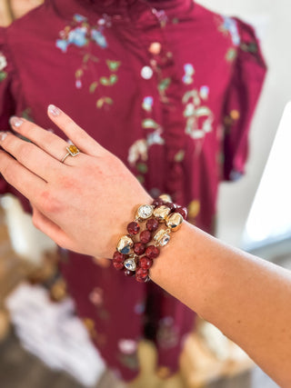 Maroon, Cream & Crystal Set of 3 Natural Beaded Stretch Bracelets - Everyday EDEN Boutique & Gifts
