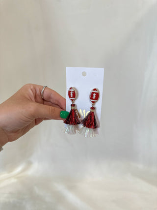 Maroon/White Football Spirit Metallic Tassel Earrings - Everyday EDEN Boutique & Gifts