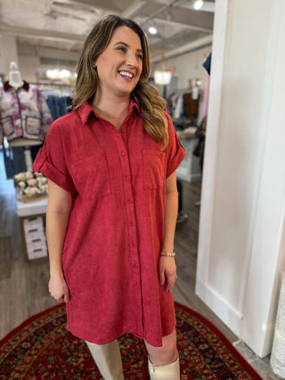 Marsala Drop Shoulder Button Up Suede Shirt Dress - Everyday EDEN Boutique & Gifts
