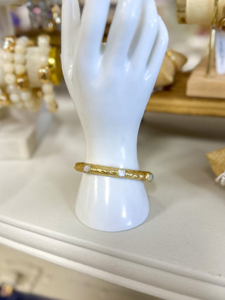 Matte Gold Hinged Bracelet W/ Pearl Square Accents Bracelet - Everyday EDEN Boutique & Gifts