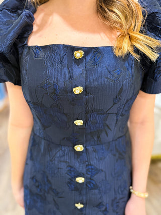 Midnight Navy Textured Jacquard Pearl Faux Button Detail Dress - Everyday EDEN Boutique & Gifts