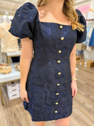 Midnight Navy Textured Jacquard Pearl Faux Button Detail Dress - Everyday EDEN Boutique & Gifts