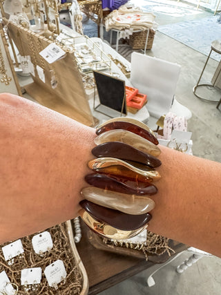 Natural, Brown, & Gold Acrylic Wide Stretch Bracelet - Everyday EDEN Boutique & Gifts