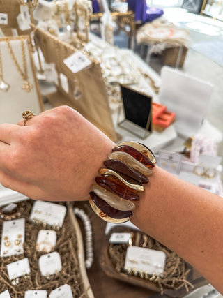 Natural, Brown, & Gold Acrylic Wide Stretch Bracelet - Everyday EDEN Boutique & Gifts
