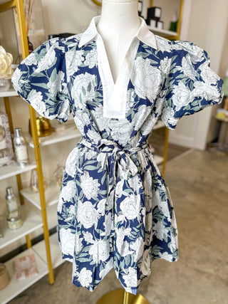 Navy Petal Charm Tie Waist Mini Dress - Everyday EDEN Boutique & Gifts