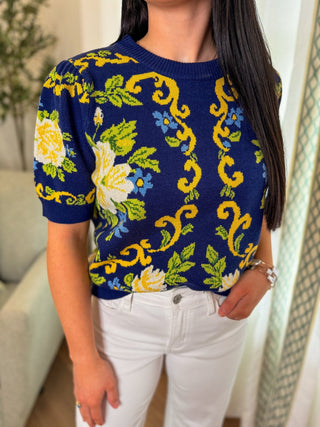 Navy Petals & Pretty Short Sleeve Sweater - Everyday EDEN Boutique & Gifts