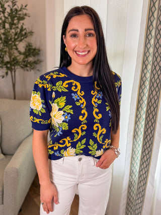 Navy Petals & Pretty Short Sleeve Sweater - Everyday EDEN Boutique & Gifts