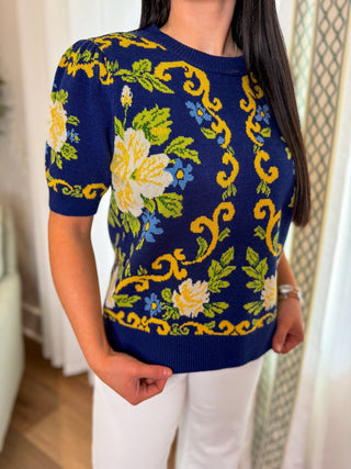 Navy Petals & Pretty Short Sleeve Sweater - Everyday EDEN Boutique & Gifts