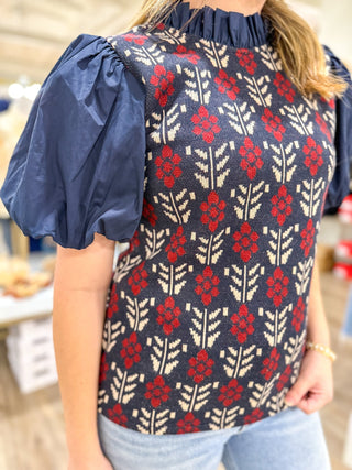 Navy & Red Daisy Row Puff Sleeve Top - Everyday EDEN Boutique & Gifts