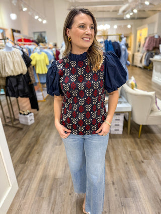 Navy & Red Daisy Row Puff Sleeve Top - Everyday EDEN Boutique & Gifts