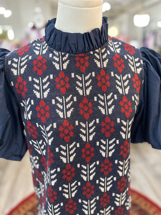Navy & Red Daisy Row Puff Sleeve Top - Everyday EDEN Boutique & Gifts