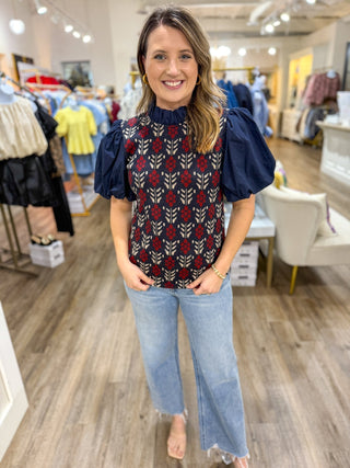 Navy & Red Daisy Row Puff Sleeve Top - Everyday EDEN Boutique & Gifts