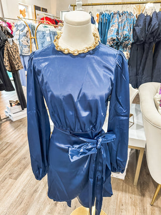 Navy Satin Long Sleeve Tie Waist Dress - Everyday EDEN Boutique & Gifts