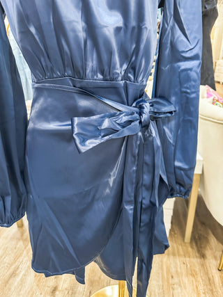 Navy Satin Long Sleeve Tie Waist Dress - Everyday EDEN Boutique & Gifts