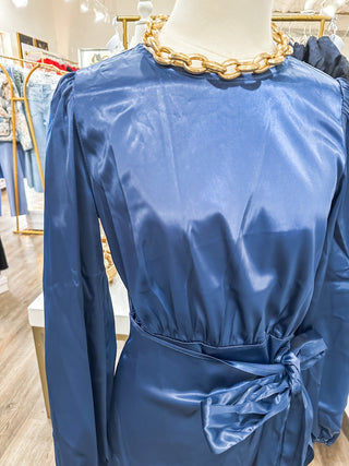 Navy Satin Long Sleeve Tie Waist Dress - Everyday EDEN Boutique & Gifts