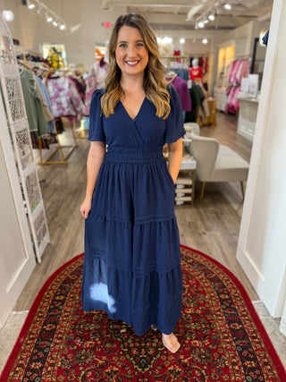 Navy Surplice Pintuck Tiered Woven Maxi Dress - Everyday EDEN Boutique & Gifts