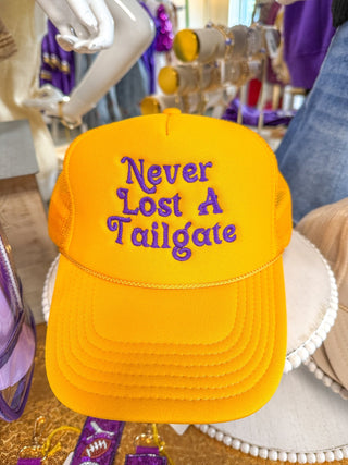 Never Lost A Tailgate Gold & Purple Trucker Hat - Everyday EDEN Boutique & Gifts