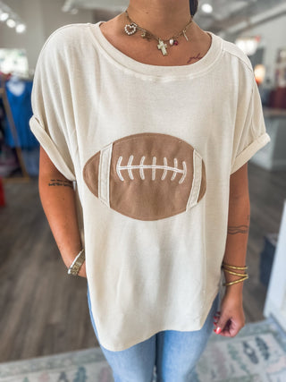Oatmeal Touchdowns & Tailgates Football Patch Short Sleeve Top - Everyday EDEN Boutique & Gifts