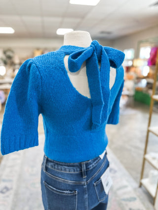 Ocean Blue Bow Cozy Knit Sweater - Everyday EDEN Boutique & Gifts