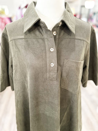 Olive Half Sleeve Collared Suede Mini Dress - Everyday EDEN Boutique & Gifts
