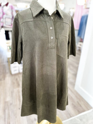 Olive Half Sleeve Collared Suede Mini Dress - Everyday EDEN Boutique & Gifts