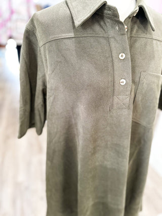 Olive Half Sleeve Collared Suede Mini Dress - Everyday EDEN Boutique & Gifts