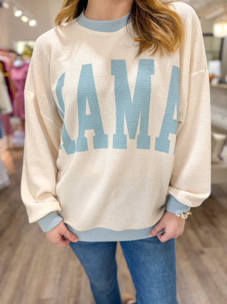 Oversized Blue & Cream MAMA Knit Long Sleeve Top - Everyday EDEN Boutique & Gifts