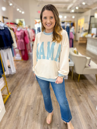 Oversized Blue & Cream MAMA Knit Long Sleeve Top - Everyday EDEN Boutique & Gifts
