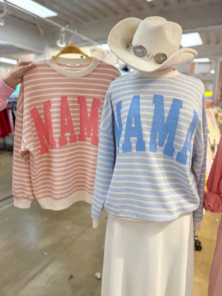 Oversized MAMA Light Blue Stripe Knit Long Sleeve Top - Everyday EDEN Boutique & Gifts