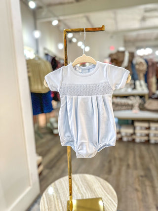 Owen Smocked Blue Short Sleeve Bubble - Everyday EDEN Boutique & Gifts
