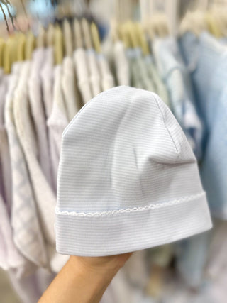 Paty Blue Pinstripes Beanie W/ White Lace Trim - Everyday EDEN Boutique & Gifts