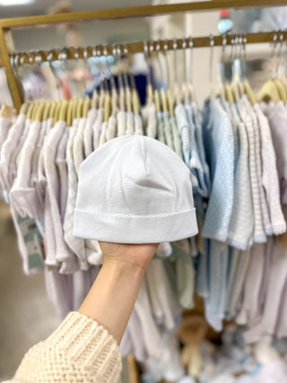 Paty Blue Pinstripes Beanie W/ White Lace Trim - Everyday EDEN Boutique & Gifts