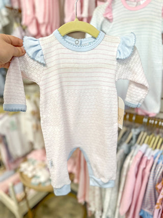 Paty Pal Pink w/ Blue Trim Pinstripe Angel Sleeve Romper - Everyday EDEN Boutique & Gifts