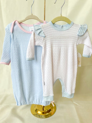 Paty Pal Pink w/ Blue Trim Pinstripe Angel Sleeve Romper - Everyday EDEN Boutique & Gifts