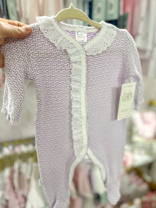 Paty Purple Pinstripes W/ White Eyelet Trim Footie - Everyday EDEN Boutique & Gifts