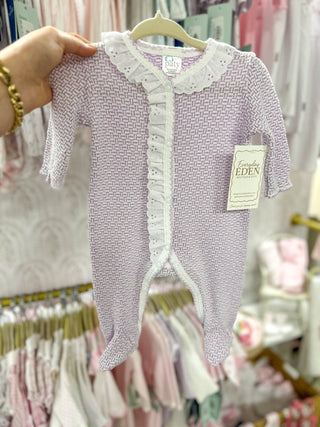 Paty Purple Pinstripes W/ White Eyelet Trim Footie - Everyday EDEN Boutique & Gifts